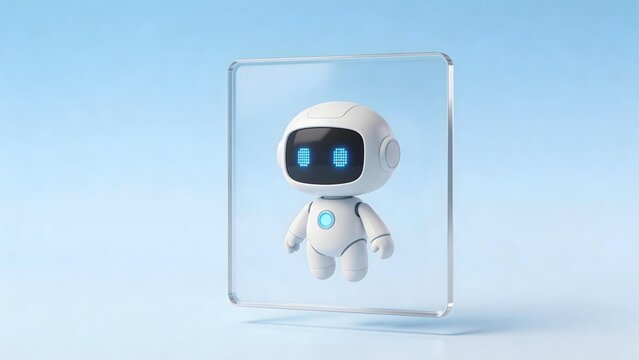 White robot with blue eyes and chest light enclosed in transparent square frame on light blue background
