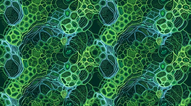 Futuristic microscopic plant cells and botanical vascular network seamless pattern on dark green background