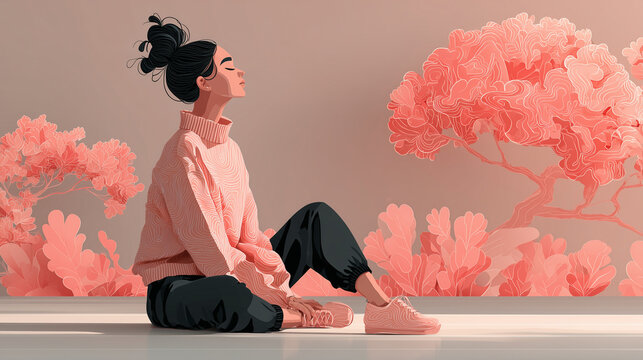 Illustration of young woman sit with crossed legs and meditate and brain icon
