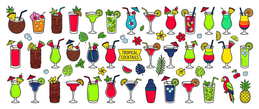 Assortment of Colorful Tropical Cocktails and Elements