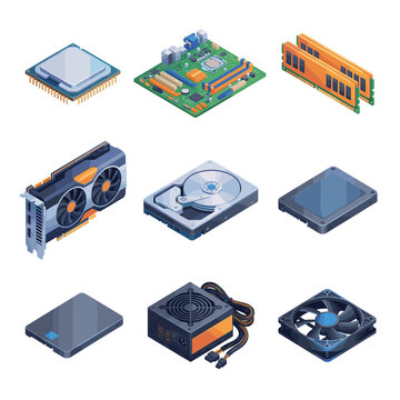 3D isometric icons of computer hardware components including CPU, motherboard, RAM, graphics card, hard drive, SSD, power supply and cooling fan