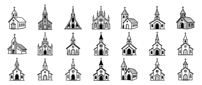 Collection of Hand-Drawn Church Building Icons