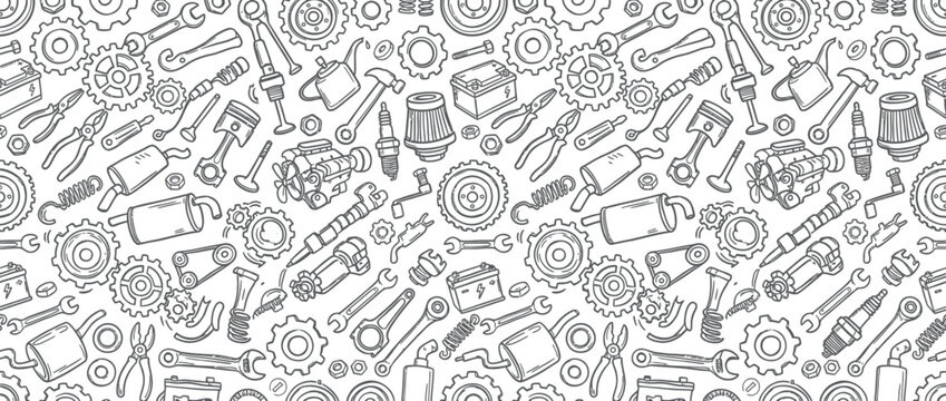 Hand-drawn automotive parts and tools pattern, sketch style