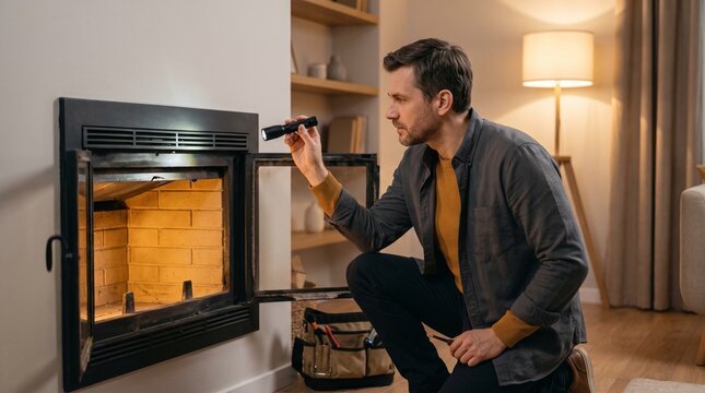 Home service specialist inspects a clean fireplace hearth