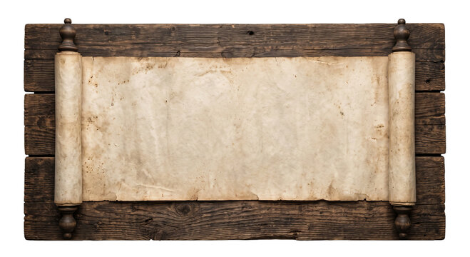Rustic wooden sign with aged parchment scroll for vintage announcements