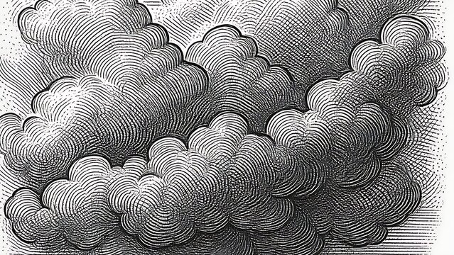 Classic black and white linocut sky clouds illustration for retro background design