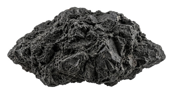 Rough black volcanic rock with porous texture and sharp crystalline edges