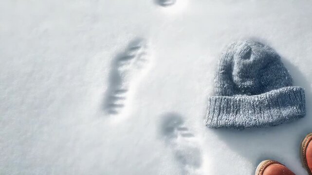 Orange boots and a gray knitted hat lie on untouched snow, next to two distinct footprints. The image evokes winter adventure, warmth, and the simplicity of outdoor exploration