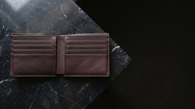 Open brown leather wallet with card slots on a black marble table