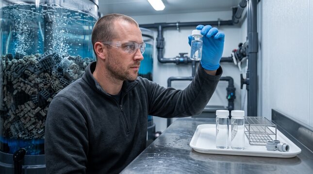 Aquaculture technician samples water beside a biofilter