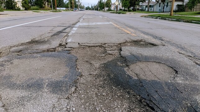 Severe road defect showing broken asphalt, rough gravel texture damaged pavement surface, highlighting urban decay, infrastructure problems, maintenance challenges and transportation safety concerns