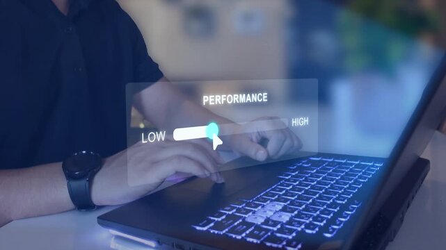 Performance optimization concept. adjusting digital slider from low to high, showing business efficiency, productivity improvement, system speed