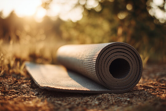 Yoga mat rolled on ground in nature during soft sunlight in summer