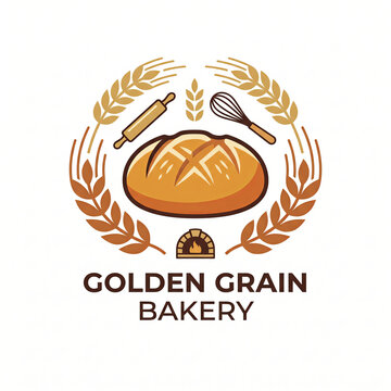 Golden Grain Bakery logo with bread wheat rolling pin and whisk.