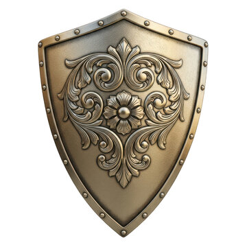 Intricate medieval shield with floral emblem design isolated on transparent background