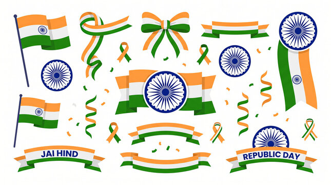 Indian Republic Day and Independence Day Graphic Elements Collection with Flags and Ribbons.