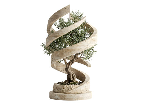 A small green olive tree bonsai plant placed inside a spiraling beige stone sculpture with a rough textured base on a black background isolated on a transparent background