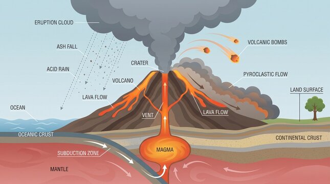 Detailed diagram of a volcanic eruption and geological features
