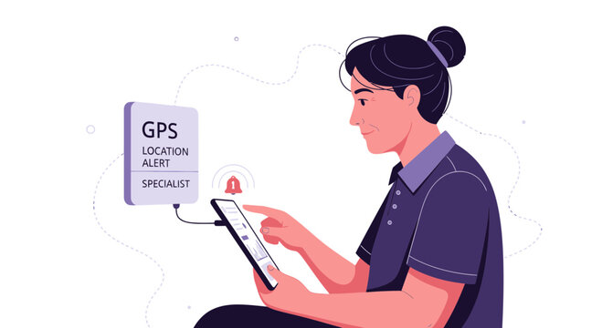 Woman Using Tablet with GPS Location Alert Notification