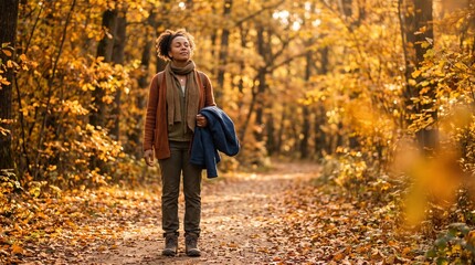 Obraz premium Hiker pauses beneath amber leaves for a mindful trail break