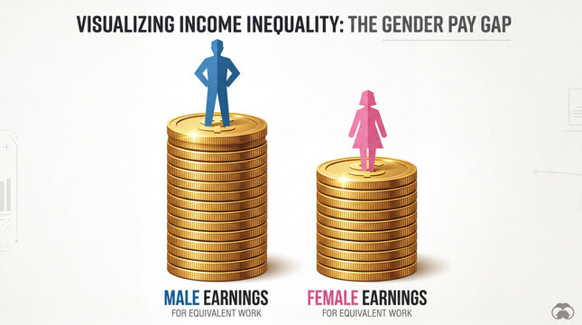 Male and female figures standing on coin stacks visualizing gender pay gap for equivalent work income inequality concept