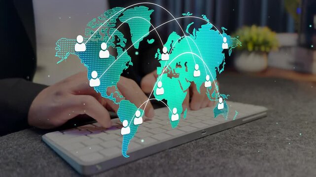 Global business network and remote workforce connection concept with world map, digital communication links. international user profiles, 