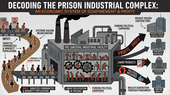 Infographic diagram of prison industrial complex showing systemic racism incarceration profit labor exploitation and political influence for social justice education