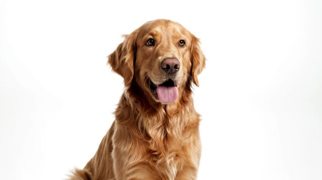 Golden Retriever Sitting and Panting Happily Against White Background
