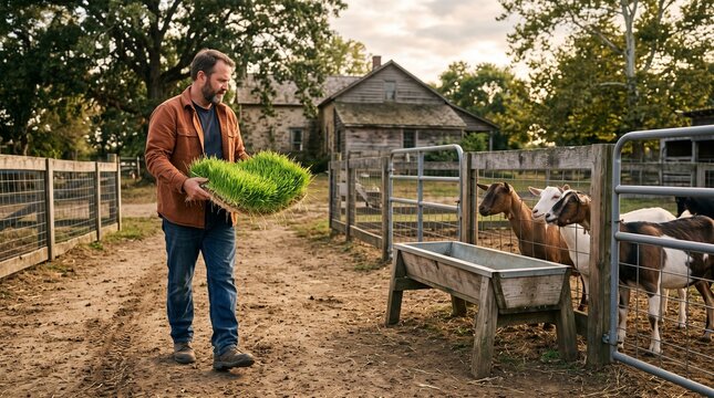Farmer carries fresh fodder to a shaded goat feeding yard on farm