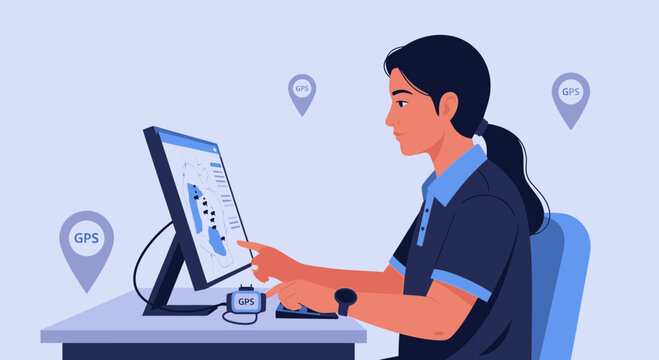 Woman using GPS map on computer screen for navigation planning