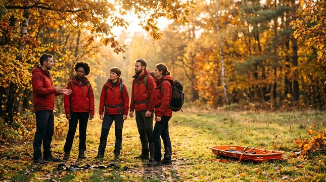 Rescue team debriefs after an autumn woodland exercise