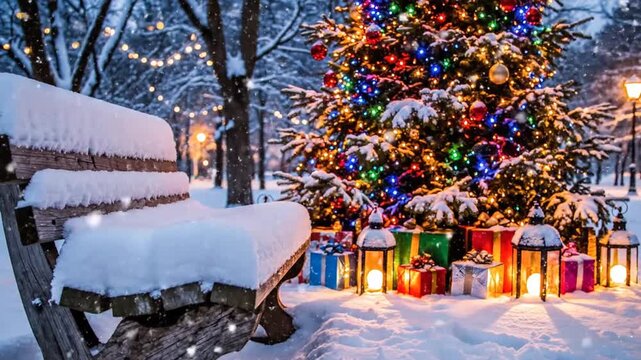 Decorated Christmas tree and snow covered bench in winter park