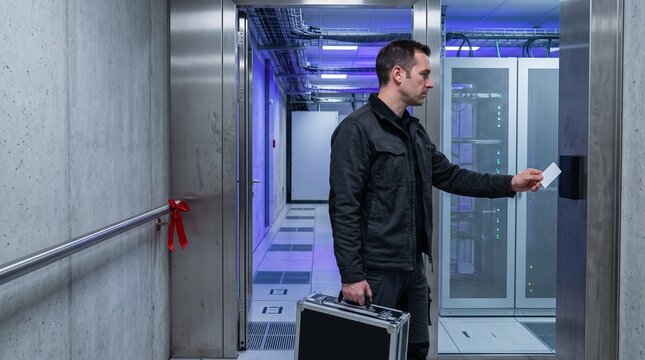 IT technician enters a secure server aisle during holidays