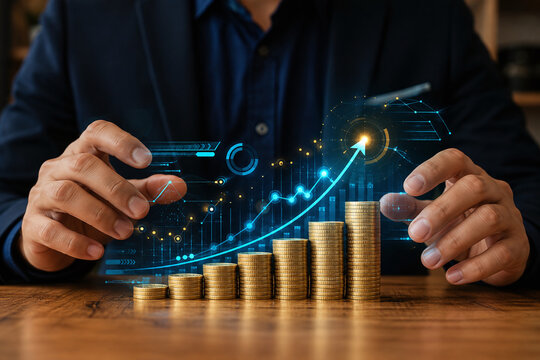 Business Financial Growth and Investment Concept, Businessman with Stacks of Gold Coins and Rising Line Graph Hologram, Wealth Management and Stock Market Profit Strategy