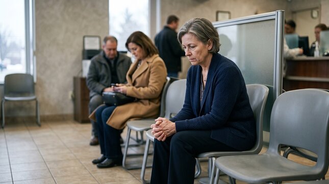 Customers wait in a subdued financial services lobby