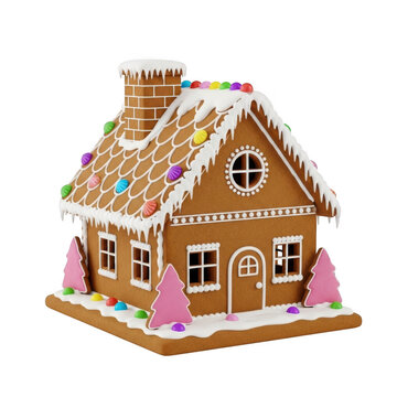 Cute gingerbread house with icing and candy decorations isolated on transparent background