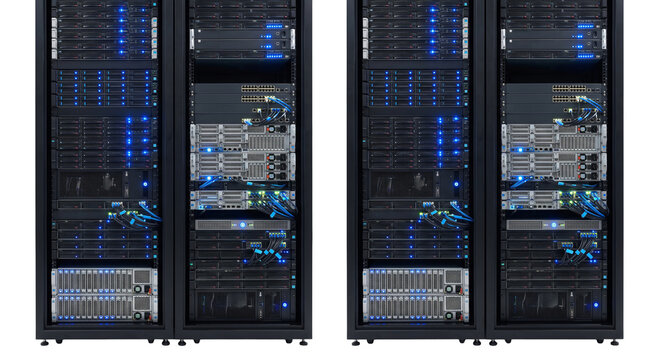 Modern server racks with glowing blue lights in a data center environment