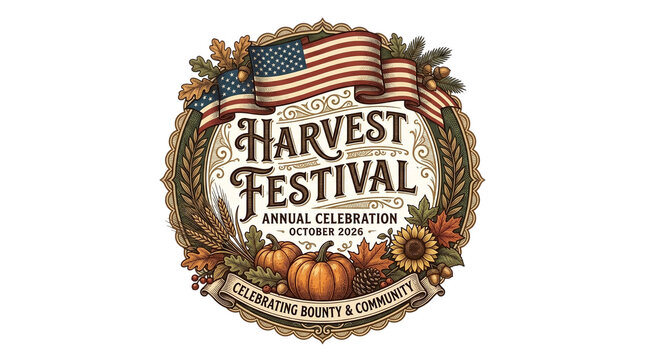 Harvest Festival emblem with pumpkins and American flags celebrating bounty and community