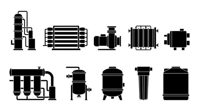 Industrial Water Treatment Equipment Silhouette Icon Set Featuring Filters and Tanks