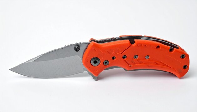 Folding pocket knife with orange handle, serrated edge, compact outdoor cutting tool.