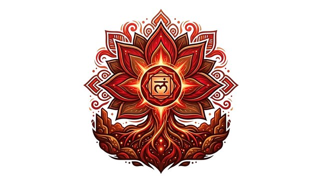Muladhara root chakra symbol with glowing lotus flower and roots