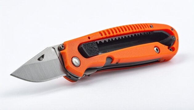 Folding pocket knife with orange handle, serrated edge, compact outdoor cutting tool.