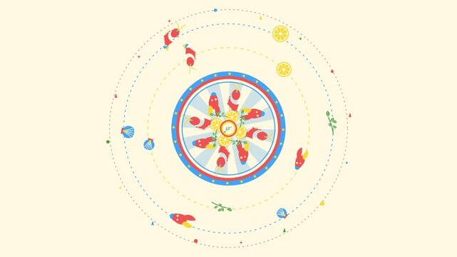 Animated vector video of various cute foods spinning.