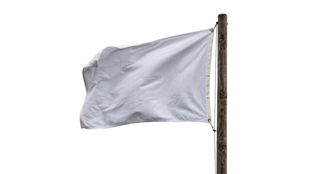 White flag waving on a rustic wooden pole against a clean white background