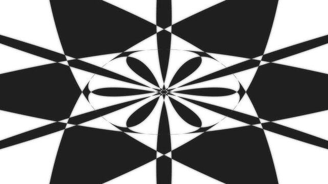 Black and white geometric kaleidoscope motion background: hypnotic pulsing star pattern abstract