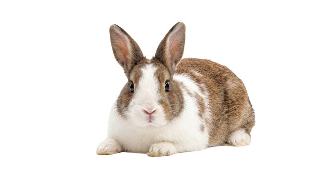A cute brown and white rabbit rests peacefully on a clean white background