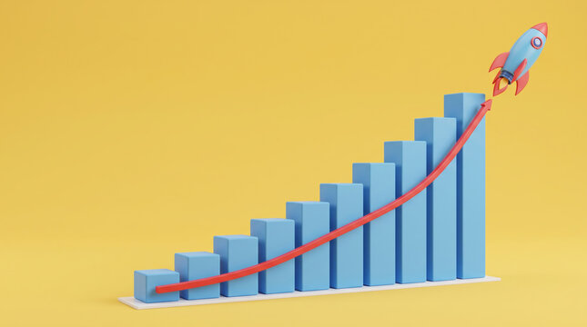 Optimistic quarter growth rocket chart flying above blue business success yellow space. . Business financial strategy planning. statistic chart report, revenue profit, performance progress success