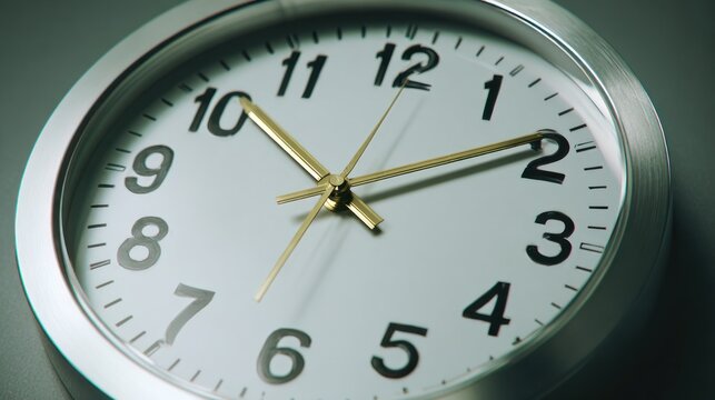 Close up of a silver analog clock face showing time and details