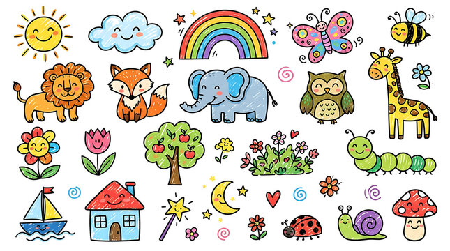 Colorful cartoon animals and characters set with rainbow and clouds background