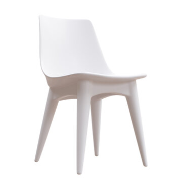 A modern white molded plastic dining chair with a gently curved backrest and tapered legs, isolated on white transparent